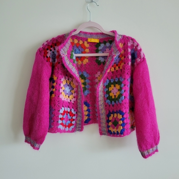 Rose Carmine crochet knit cardigan granny square mohair wool size small cropped - Picture 2 of 10